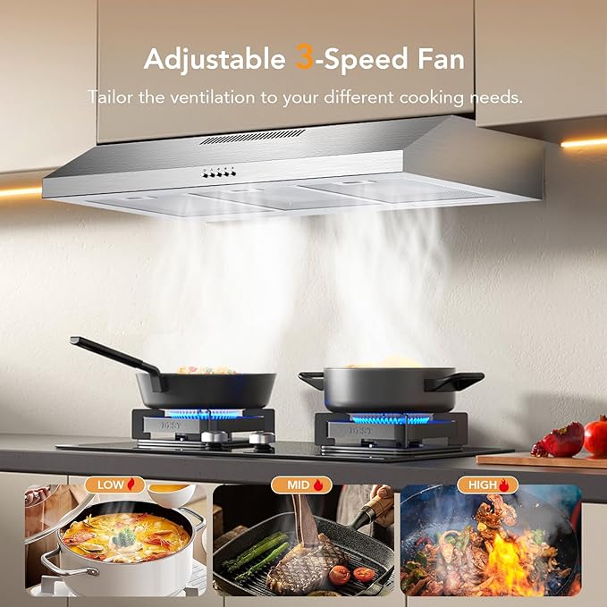 Range Hood 36 Inch Under Cabinet, 600 CFM Ducted/Ductless Vent Hood for Kitchen with Wide Coverage, Stove Vent with Bright LED Lights, Reusable Filters and 3 Speed Exhaust Fan