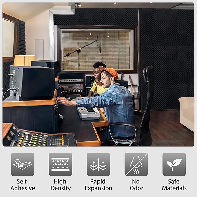 24 Pack Self-Adhesive 12" X 12" X 1.2" Egg Crate Soundproof Wall Panels for Studio, Room Acoustic Treatment Foam, Sound Absorbing Foam Black