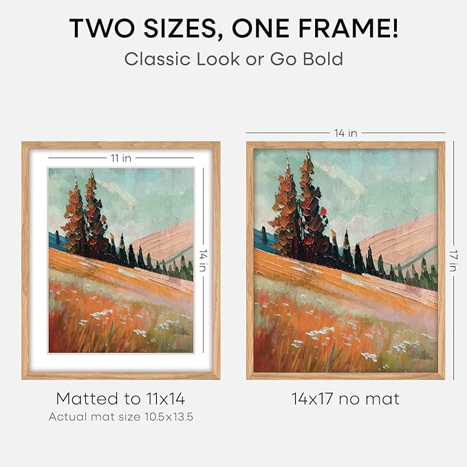 Homeforia 14x17 Picture Frame Wood, High End Natural Oak 14x17 Light Wooden Poster Frame with Mat 11x14, 14 x 17 Frames Matted to 11 x 14 Photo, 17x14 Hanging Frame, Tempered Glass, Wall Kit, Set of 2