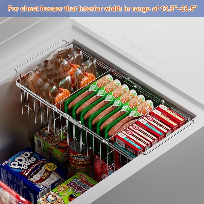 Large Freezer Baskets for Chest Freezer with Dividers, Deep Freezer Organizer Bins Expandable 15.5"~24.5", Hanging Storage Container Baskets for Chest Freezer Sort Frozen Meats