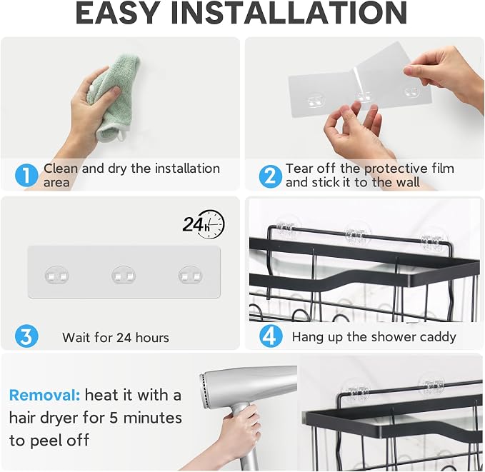 12 Pack Clear Plastic Shower Caddy Adhesive Hooks, Strong Adhesive, Waterproof - Image 5