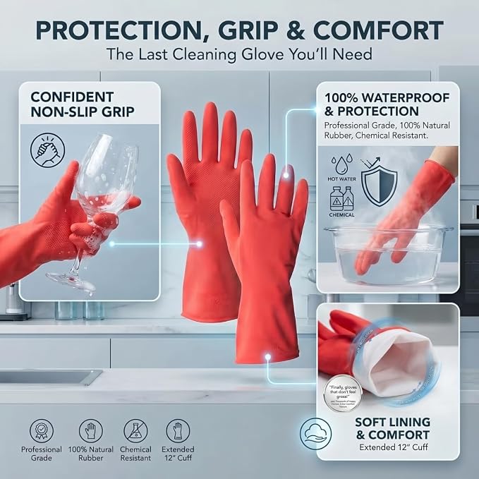 ForPro Natural Rubber Gloves, 6 Pairs Reusable Multi-Purpose Household Cleaning - Image 4