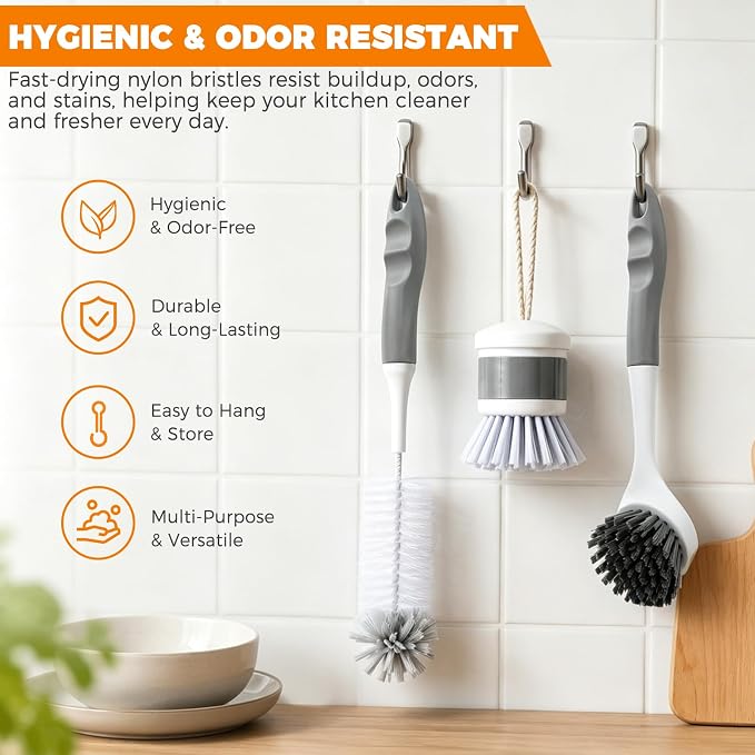 3 Pack Kitchen Cleaning Brush Set, Dish Brush, Extra Long 14.3 inch Bottle - Image 6