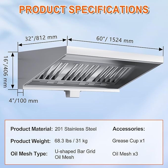 Food Truck Low Profile Exhaust Hood System Includes a 5FT Commercial Kitchen Exhaust Hood and an 0.25HP Restaurant Hood Grease Rated Roof Exhaust Fan