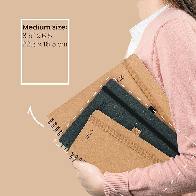 POPRUN 2026 Planner - 2026 Recycled Weekly Planner [Italian Regenrated Leather - Medium Size 6.5'' x 8.5''] - 2026 Weekly Planner with Hourly Schedule, Monthly Tabs-26-WERO7-BGY - Black Grey