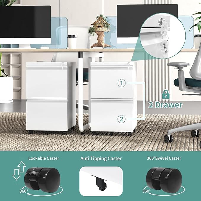 Fully Assembled 2 Drawer File Cabinet, Locking Full Steel Filing Cabinet, Quiet Slides, Anti-Tipping Wheels, Fits A4/Letter/Legal, for Home & Small Office, Matte White
