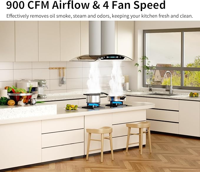 IKTCH 36 Inch Island Mount Range Hood, 900 CFM Ducted, Stainless Steel & Tempered Glass, Gesture Sensing & Touch Control, 4-Speed Fan