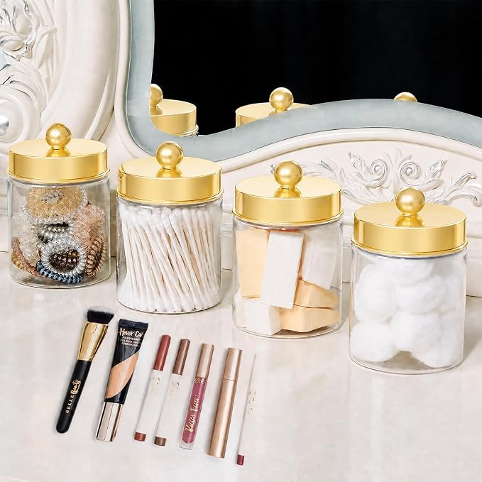 Amolliar Acrylic Apothecary Jar Bathroom Qtip Holder Gold 2 Pack - Image 4