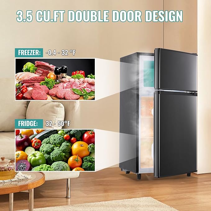 WANAI 3.5 Cu.Ft Mini Fridge with Freezer, Compact Refrigerator for Office, Dorm, Apartment, 7-Level Adjustable Thermostat, 2 Removable Shelves and Bakset, Small Fridge in Dark Gray