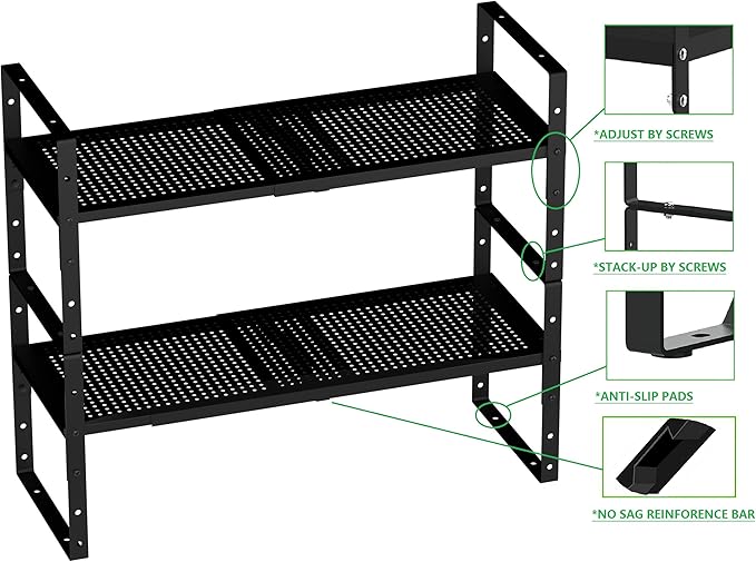 Expandable Shoe Rack Stackable Metal Pantry Storage Shelves Stand Adjustable Height Cabinet Shelf Organizer Racks Spice Shelving(1PACK/BLACK,LARGE)
