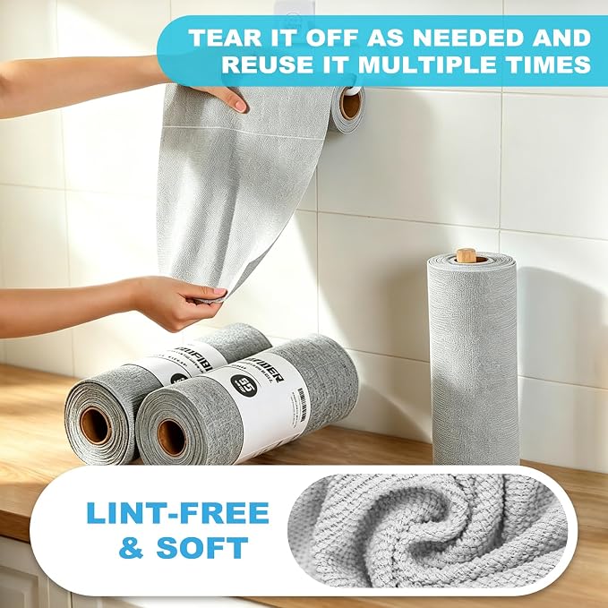 Puomue 55 Pack Microfiber Cleaning Cloth Roll, Tear Away Reusable Paper Towels - Image 4