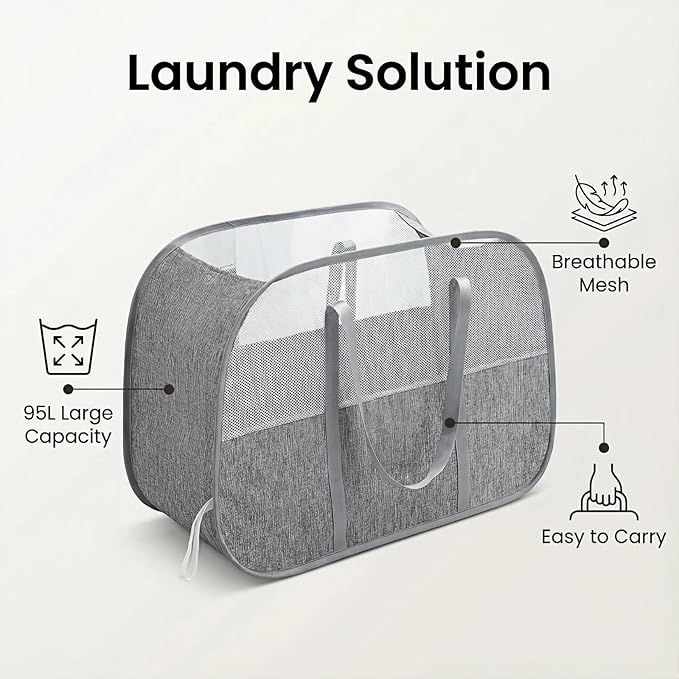 95L Collapsible Laundry Basket, Dirty Clothes Hamper | Foldable Laundry Hamper - Image 2
