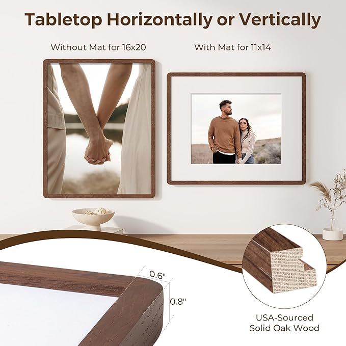 16x20 Picture Frame for Wall, Solid Oak Wood 16 by 20 Frames, 16 x 20 Poster Frame with Tempered Glass, 16x20 Frame Matted to 11x14, 16"x20" Wood Frame for Home Decor, Walnut Color, 1 Pack