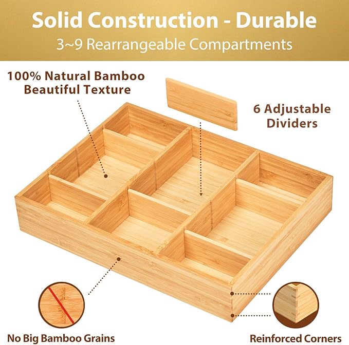 Bamboo Desk Drawer Organizer, Wood Junk Organizer Tray - Image 2