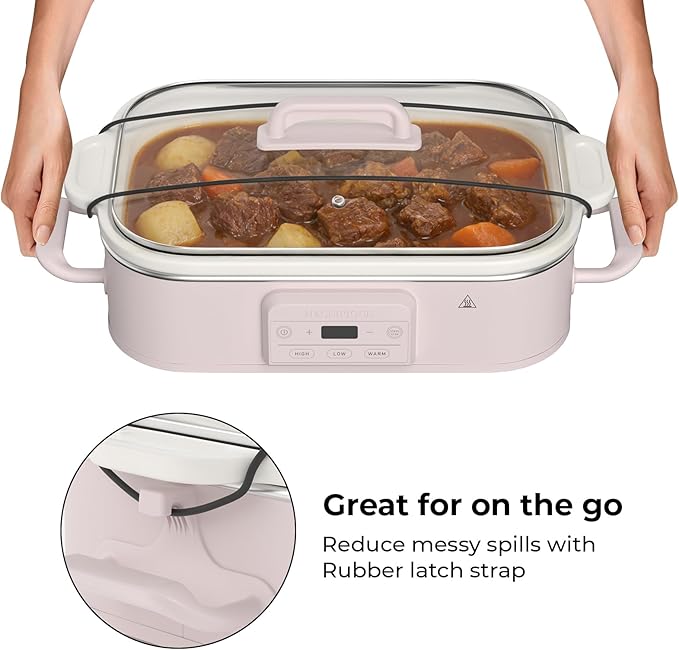4 Quart Casserole Programmable Slow Cooker with Ceramic Baking Dish - Perfect Kitchen Small Appliance for Family Dinners, Oven Safe and Durable Bakeware for Lasagna, Roasts (Pink)