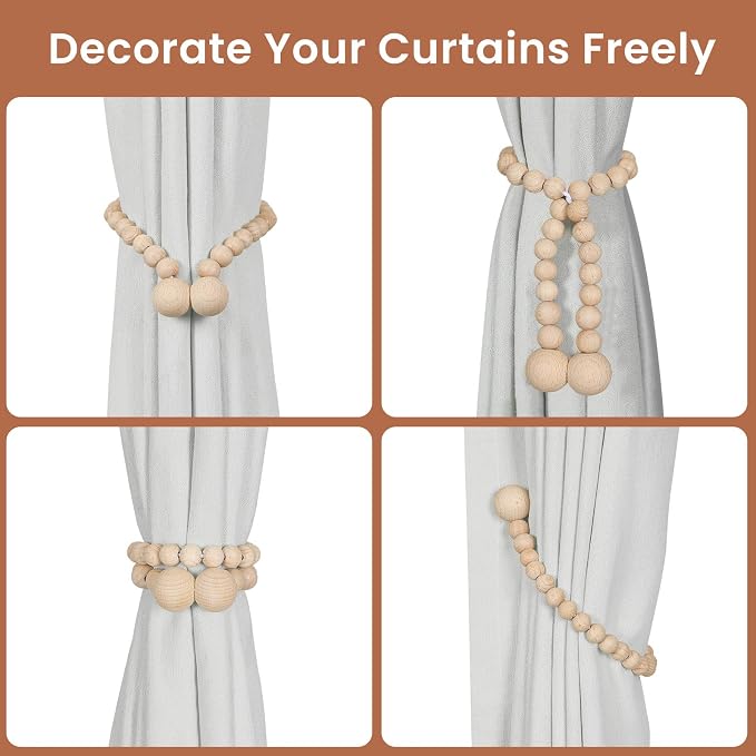 KLOGTSIND Magnetic Curtain Tiebacks, 4 Pack Wood Bead Curtain Holdbacks - Image 4