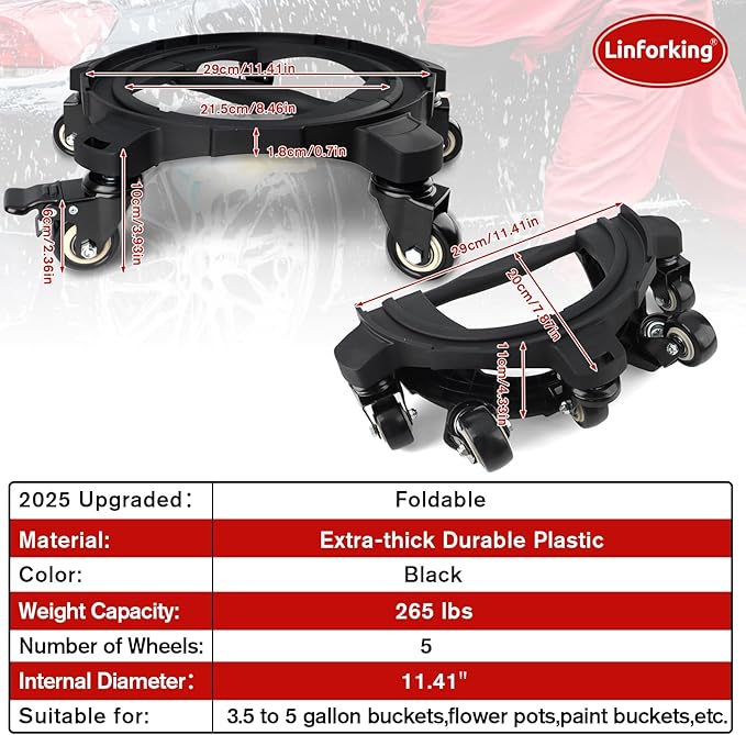 2025 Upgraded Foldable Car Wash Bucket Dolly 5 Gallon with Wheels,360°Rolling Car Wash Buckets Dolly for Washing, Waxing, Removable Bucket Mover,Fits 3.5–5 Gallon Buckets,Supports Up to 265 lbs