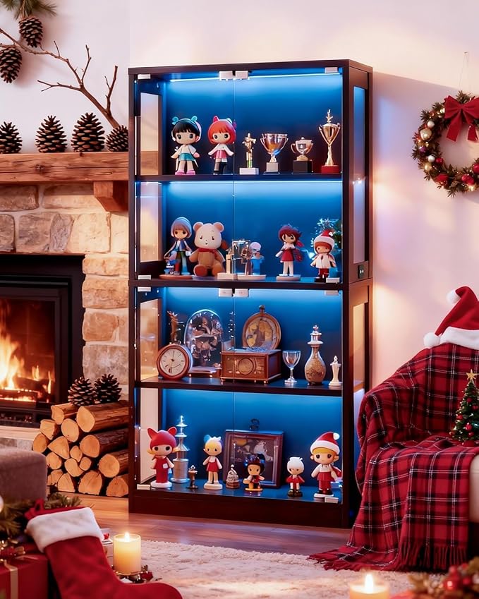 Display Cabinet with Glass Doors 4-Tier, 7 Vibrant Colors 3 Dynamic Lighting Modes, HD Glass Storage Cabinet with Human Body Sensor for Curio, Trophy, Collectibles (Black)