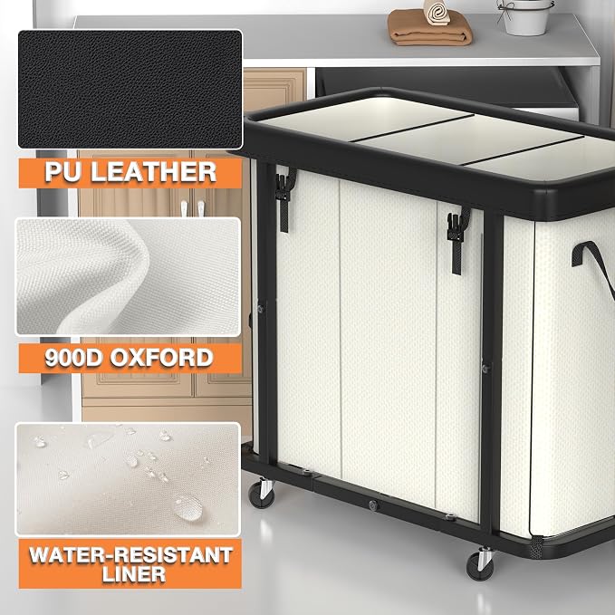 Laundry Basket with Wheels, 230L Laundry Sorter 3 Section - Image 2