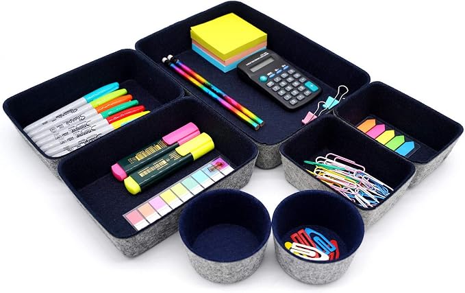 Welaxy 7 Piece Felt Desk Drawer Organizer Storage Bin Navy Catchall Tray | - Image 5