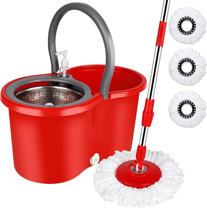 Spin Mop and Bucket with Wringer Set, 3 Microfiber Mop Heads by CooFel