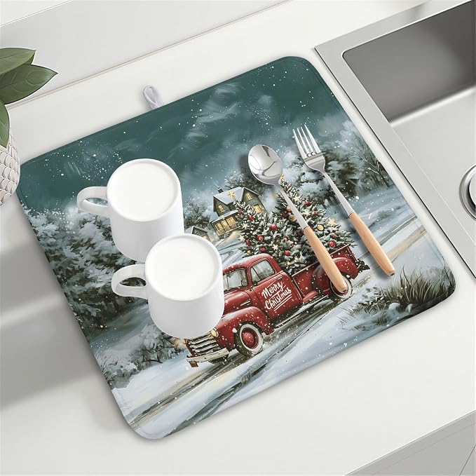 Merry Christmas Decorations Dish Drying Mat 16x18 Inch | Red Truck Xmas Tree - Image 8