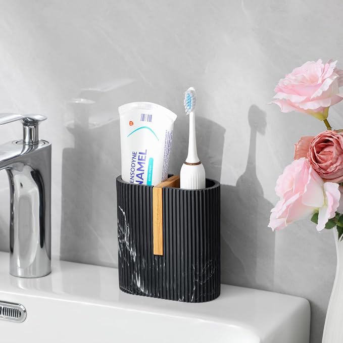 Toothbrush Holders for Bathroom, Bamboo Toothbrush Stand, Marble Black | - Image 3