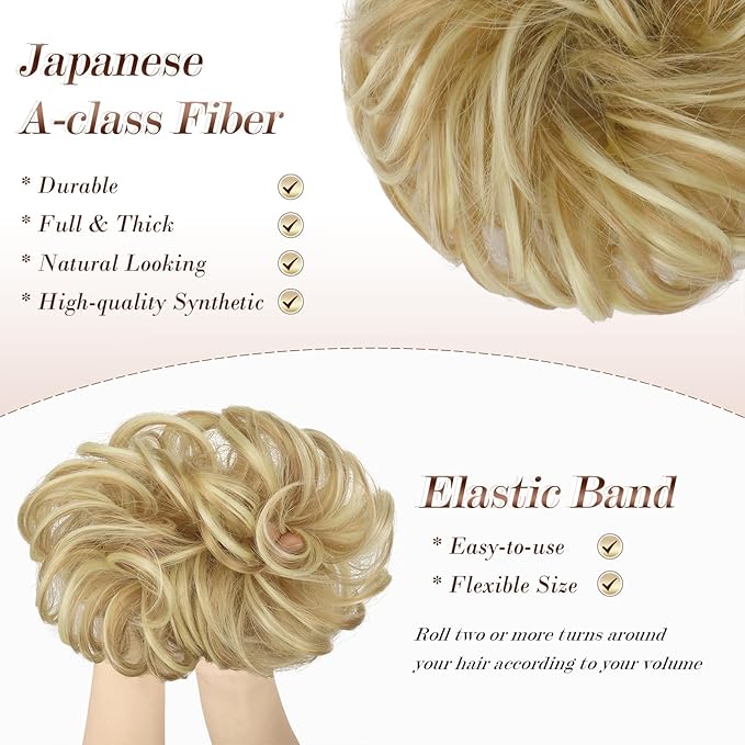 FESHFEN Large Messy Bun Hair Piece - Wavy Synthetic Chignon Scrunchies Elastic Ponytail Hair Extensions Thick Hairpieces for Women, Light Ash Brown & Bleach Blonde 1.94oz