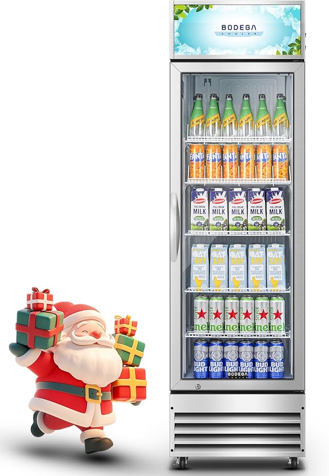 BODEGACOOLER Commercial Merchandiser Refrigerator, 12.5 Cu.Ft Glass Door Display Refrigerator, Upright Beverage Cooler with Soft LED Light, Adjustable Shelves, 4 Strong Castors(Stainless Steel)