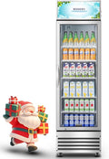 BODEGACOOLER Commercial Merchandiser Refrigerator, 12.5 Cu.Ft Glass Door Display Refrigerator, Upright Beverage Cooler with Soft LED Light, Adjustable Shelves, 4 Strong Castors(Stainless Steel)
