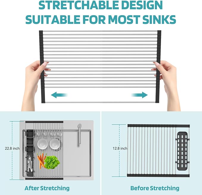 BBXTYLY Extra Large Black Expandable Roll Up Dish Drying Rack Up to 22.8''with - Image 6