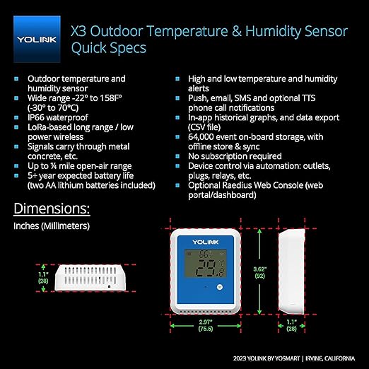 YoLink X3 vesion Outdoor Temperature & Humidity Data Logger, Hygrometer, Thermometer, 1/4 Mile Range, 5+ Years Battery Life, Emails/Text/App Alerts, Alexa. Pet Cage, Freezer, Greenhouse. Hub Included