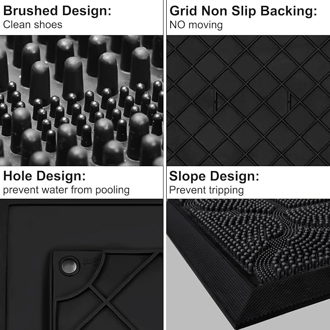FRAMICS Front Door Mat Outside Entrance, Heavy Duty Rubber Door Mats Outdoor Welcome Mat Waterproof Doormat Non Slip for Entryway Doormats Dirt Trapper Indoor Mats All Seasons, 17 x 30 Inches, Black