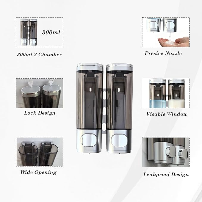 2-Chamber 10oz/300ML Silver Plastic Hand Wall Mounted Soap Dispensers | - Image 4