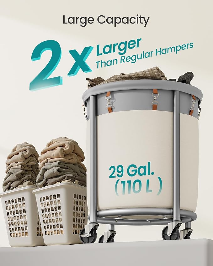 SONGMICS Laundry Basket with Wheels, 29 Gal., Steel Frame, Removable Bag - Image 3
