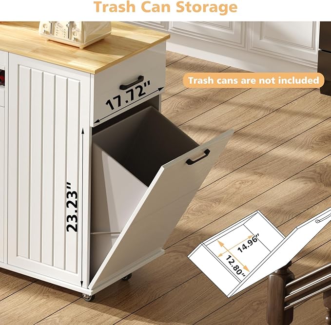 Modern Rolling Kitchen Islands with Extendable Dining Table, Hidden Trash Can Storage, Mobile Island Cart on Wheels with Storage for 2,Rubberwood Top,Storage Cabinet, Drawers & Wine rack,White