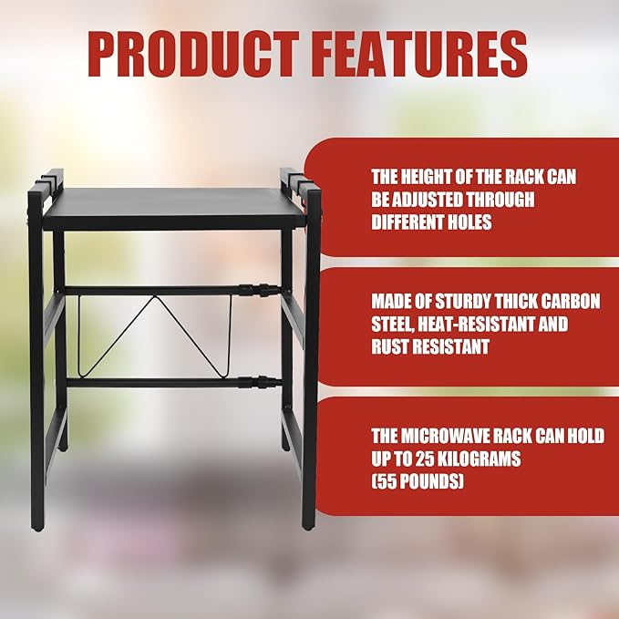 Expandable Microwave Oven Rack, 2-Tier Adjustable Kitchen Countertop Shelf, Toaster Rack Heavy Duty Stand Organizer