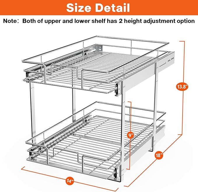 ROOMTEC Individual Pull Out Cabinet Organizer (14" W x 18" D), 2 Tier Spice Rack Organizer for Cabinet, Slide Out Drawer Pantry Shelf Organization and Storage for Kitchen Bathroom
