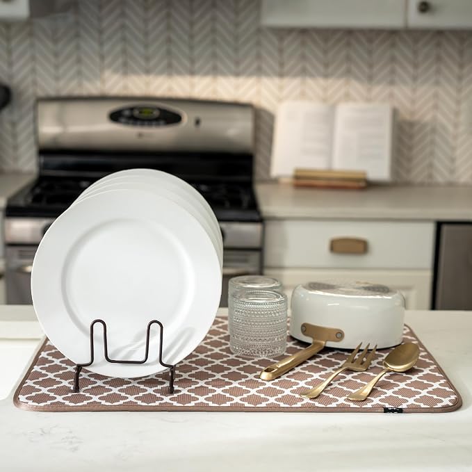 S&T INC. Dish Drying Mat, Tan Trellis | Absorbent Microfiber, Extra Large - Image 4