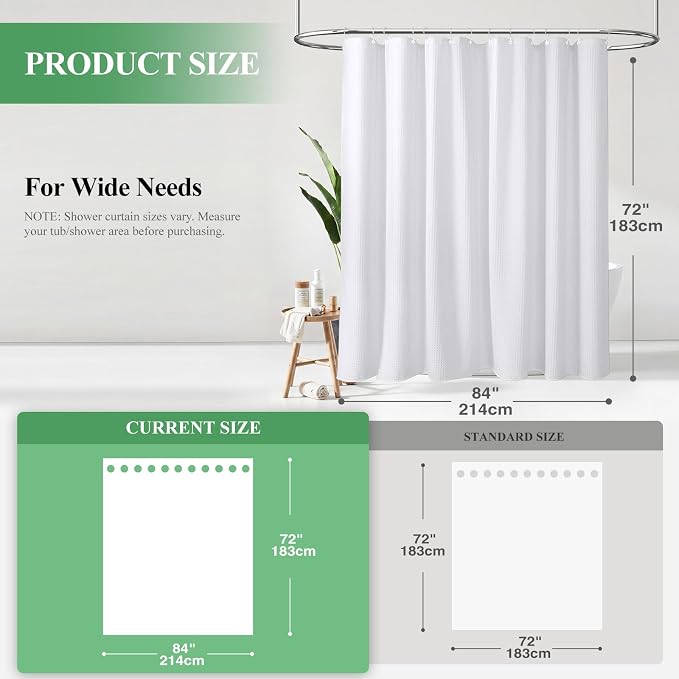 Dynamene Extra Wide Waffle Shower Curtain 256 GSM Fabric 84x72 White - Image 2