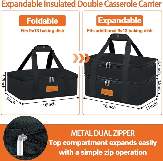LHZK Double Insulated Casserole Carrier, Expandable Casserole Carriers for Hot or Cold Food, Insulated Food Carrier for Travel, Parties, Picnic, Fits 11 x 15 or 9 x 13 Baking Dish (Black)