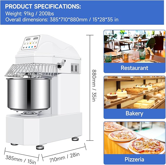 27lbs/20Qt Commercial Spiral Dough Mixer with Timer, 1100W Electric Dough Kneading Machine with 304 Stainless Steel Bowl, Touch Screen,2 Speeds Dual Rotation for Restaurant, Bakery, Pizzeria