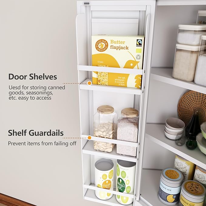 63" Tall Metal Corner Kitchen Pantry Cabinet, Steel Storage Cabinets with 4 Doors and 3 Shelves, Kitchen Food Cabinets with 6 Door Panel Shelves, Farmhouse Cupboard for Kitchen Dining, White