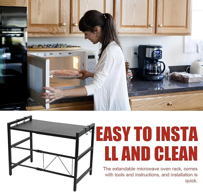 Expandable Microwave Oven Rack, 2-Tier Adjustable Kitchen Countertop Shelf, Toaster Rack Heavy Duty Stand Organizer