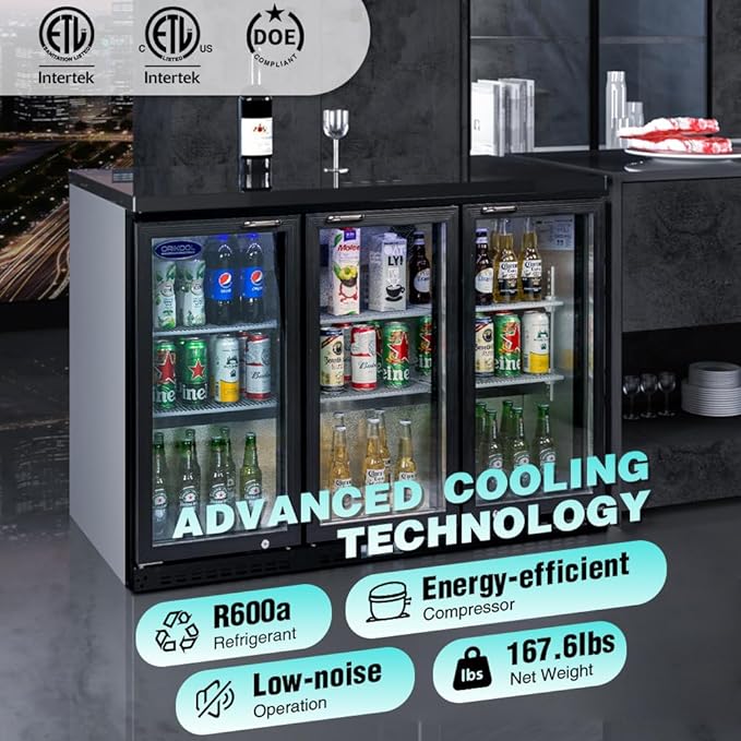 Back Bar Cooler - 480 Can Capacity Beverage Refrigerators, 3 Hinged Glass Doors, LED Lighting, Adjustable Shelves, Safety Door Lock, Perfect for Bars, Restaurants & Home