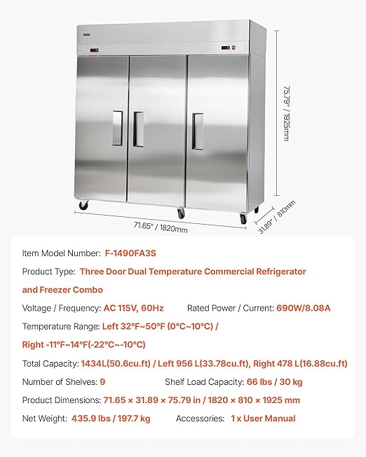 VEVOR Commercial Refrigerator and Freezer Combo 72"W, 51 Cu.Ft Stainless Steel Upright Freezer/Refrigerator with Three Doors, Auto-Defrost, 9 Adjustable Shelves, UL Certified