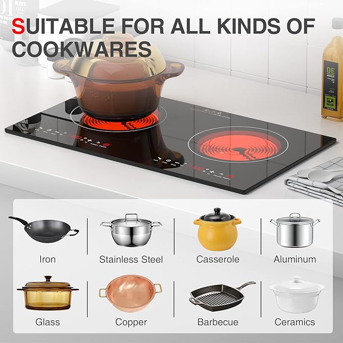 2400w Electric Cooktop, 24" Electric Stove 2 Burner Hot Plate Built-in Double Burner Cooktop with LED Touch Screen,9 Heating 9 Temperature,Kids Lock & Timer,Suitable for all Pans