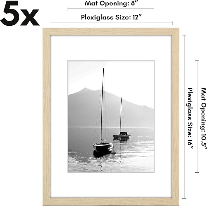 Americanflat 12x16 Picture Frame with Polished Plexiglass - Set of 5 - Use as 8.5x11 Frame with Mat or Display 12x16 Photo Without Mat - Galleria Collection - Picture Frames for Wall - Natural Oak