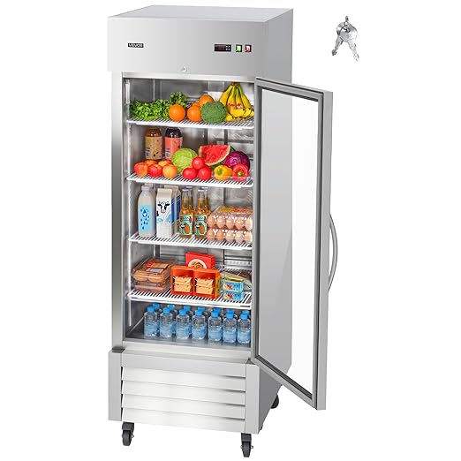 VEVOR Commercial Reach-In Refrigerator 29" W, 22 Cu.Ft Stainless Steel Upright Refrigerator with Single Glass Door, Auto-Defrost, 4 Adjustable Shelves, 32 to 50℉ Temp Control, ETL Certified