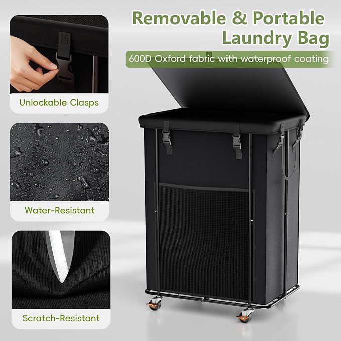 220L Laundry Hamper with Lid & Wheels, Rolling Laundry Basket with Bag - Image 6